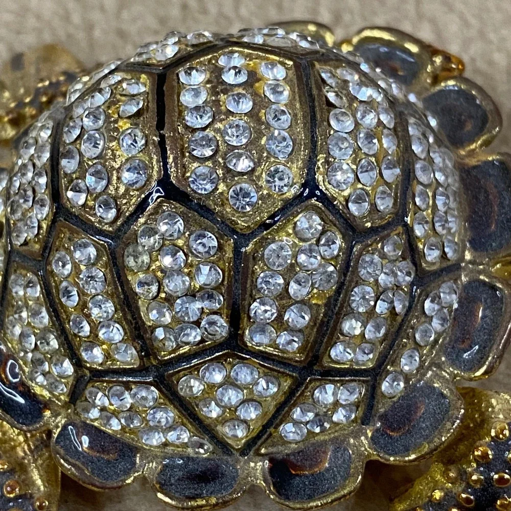 Sparkling Crystal Turtle Jewelry Trinket Box Hinged Gold Tone Enamel Gem Eye New